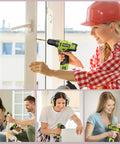 People using 12V Cordless Drill Set With Battery And Charger, Lightweight And Compact, No Cords to Drag, Three Eighth Inch Keyless Chuck, Built In LED, 21 Plus 1 Torque Settings for Fast, Precise Home Improvement Projects in various home tasks.