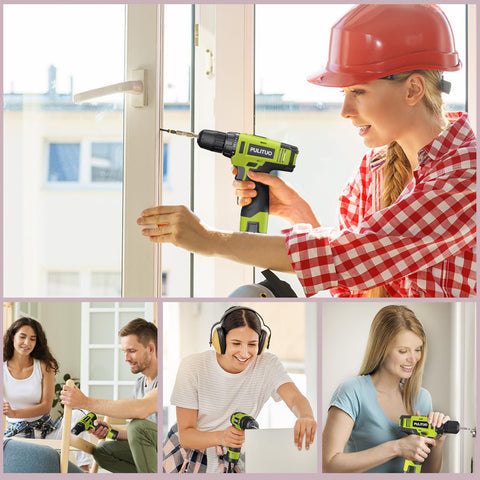 People using 12V Cordless Drill Set With Battery And Charger, Lightweight And Compact, No Cords to Drag, Three Eighth Inch Keyless Chuck, Built In LED, 21 Plus 1 Torque Settings for Fast, Precise Home Improvement Projects in various home tasks.