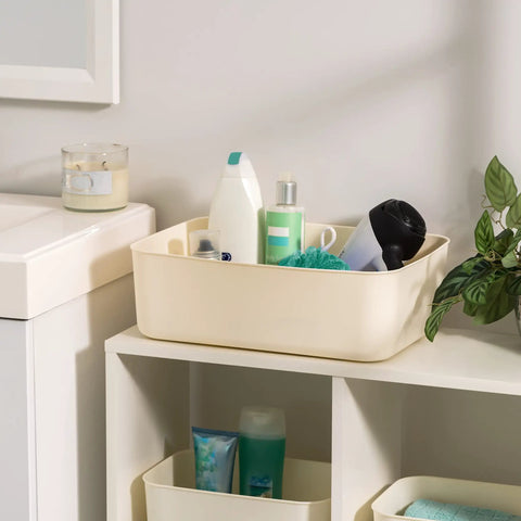 15 Quart Plastic Storage Bins With Lids 4 Pack stackable organizer used in bathroom for toiletries, off white design for organization