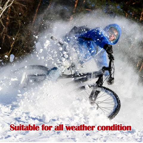 Cyclist riding through snow, showcasing performance for Four Pairs Disc Brake Pads For Bikes Resin Semi Metallic Replacement High Performance Front And Rear Pads Compatible With M315 M355 M515 M525 C501 C601 M375 M395 M415 M416 M446 M465 M475 M485 M486 Black