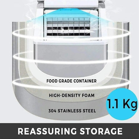 Heavy Duty Countertop Ice Maker With Rapid Freezing And Forty Pounds Daily Output Perfect For Home Bars And Kitchens Compact Stainless Steel Design, showcasing food grade container and insulation details.