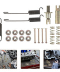 Heavy Duty Brake Adjustment Tool Kit With Metal Hold Down Springs And Pins For Drum Brakes In Construction Machinery, Beefed Up Friction Stability, Quick Spring Tool For Fast Stops, And Easier Loader Disc Brake Access. Assorted metal brake springs and pins.