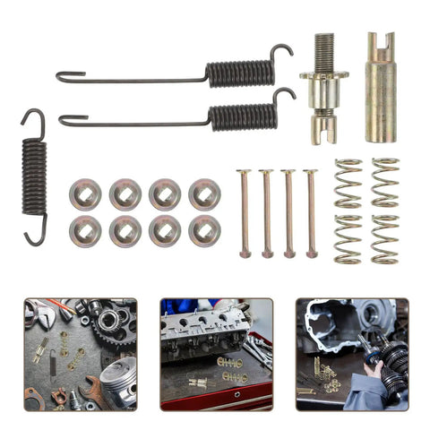 Heavy Duty Brake Adjustment Tool Kit With Metal Hold Down Springs And Pins For Drum Brakes In Construction Machinery, Beefed Up Friction Stability, Quick Spring Tool For Fast Stops, And Easier Loader Disc Brake Access. Assorted metal brake springs and pins.