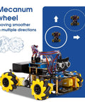 ACEBOTT smart robot car kit front view with yellow Mecanum wheels and exposed wiring.
