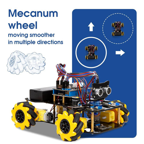 ACEBOTT smart robot car kit front view with yellow Mecanum wheels and exposed wiring.
