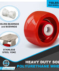 Built Tough 4 By 2 Inch Stainless Steel Swivel Casters Featuring Durable Polyurethane Wheels 750 Pound Load Rating For Commercial Kitchens And Warehouses Smooth Rollin Heavy Duty Rig red polyurethane wheel with stainless steel yoke and delrin bearings