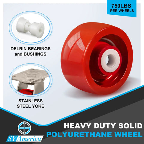 Built Tough 4 By 2 Inch Stainless Steel Swivel Casters Featuring Durable Polyurethane Wheels 750 Pound Load Rating For Commercial Kitchens And Warehouses Smooth Rollin Heavy Duty Rig red polyurethane wheel with stainless steel yoke and delrin bearings