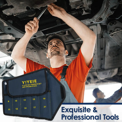 Flare Nut Wrench Set Metric Five Piece For Brake Lines, Fuel Lines, And More, Toolbox Staple depicted in a mechanic scene