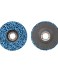 Two blue nylon cleaning wheels from Five Piece Poly Strip Abrasive Disc Set For Angle Grinder Rust And Paint Removal, 22mm arbor, 100x14x22mm size.