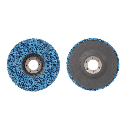 Two blue nylon cleaning wheels from Five Piece Poly Strip Abrasive Disc Set For Angle Grinder Rust And Paint Removal, 22mm arbor, 100x14x22mm size.