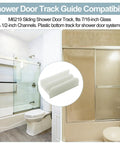 No Sweat Sliding Shower Door Bottom Track For Top Hung Glass Doors, plastic guide fits 7/16 inch channels, shows bathroom installation.