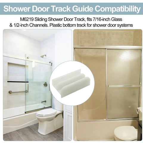 No Sweat Sliding Shower Door Bottom Track For Top Hung Glass Doors, plastic guide fits 7/16 inch channels, shows bathroom installation.
