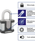 50mm Laminated Steel Padlock Kit Keyed Boron Steel Shackle Solid Steel Body Six Pack Weatherproof With Soft Touch TPE Cover