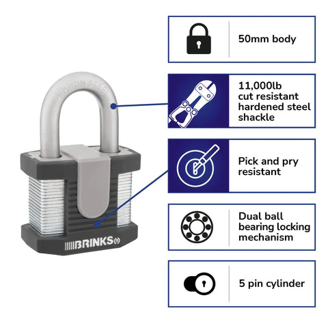 50mm Laminated Steel Padlock Kit Keyed Boron Steel Shackle Solid Steel Body Six Pack Weatherproof With Soft Touch TPE Cover