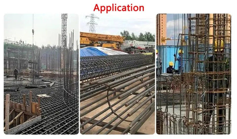 Workers using AoXhugB Electric Rebar Bender Portable Hydraulic Steel Bar Cutter With All-Copper Motor on a construction site.