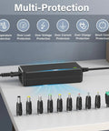 Versatile 14V 56W Power Supply Charger With 10 DC Jacks, Plug And Play, Adjustable 4A 3A 2A 1A Output, UL Listed, Energy Efficiency VI, Regulated Adapter With Built In Short Circuit, Overcurrent, Overvoltage And Over Temperature Protection. black 14V adapter with 10 DC jacks and multi-protection icons