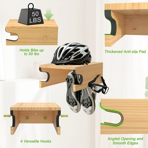 Wood Bike Wall Mount With Shelf And Hooks, All In One Road Bike Storage Rack For Helmets, Shoes, Gloves, Goggles, And Gear
