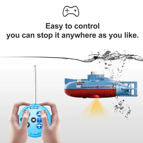 Person operating Cool Mini RC Submarine Remote Control Boat Waterproof Diving Toy With 3 Motors For Up Down Forward Back 360 Spin Realistic Dive Action For Pool Beach Outdoor Play Blue, remote control in hand, showing easy control feature.