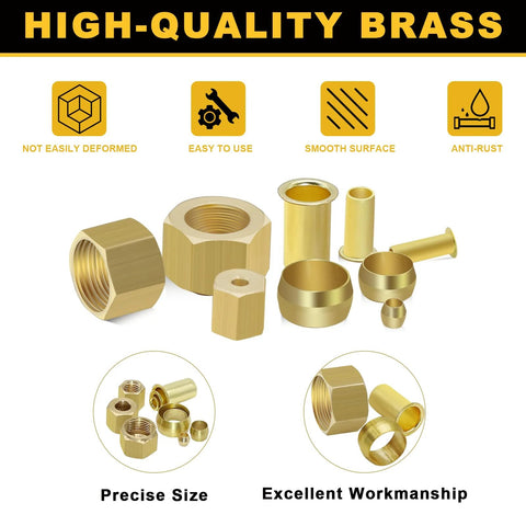 Siptenk brass compression fittings kit, 255 pcs with ferrules, inserts and nuts for tube sizes 1/2 in to 1/8 in.