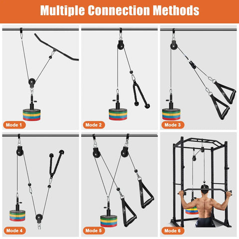 Various setups of Dual Weight Pulley System Kit For Home Gym Cable Pulley Attachments For Lat Pulldown Biceps Curl Triceps Shoulders Back.