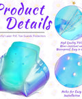 Colorful laser PVC toe guards, high quality, wear-resistant, waterproof with easy install holes, shown in product detail view.