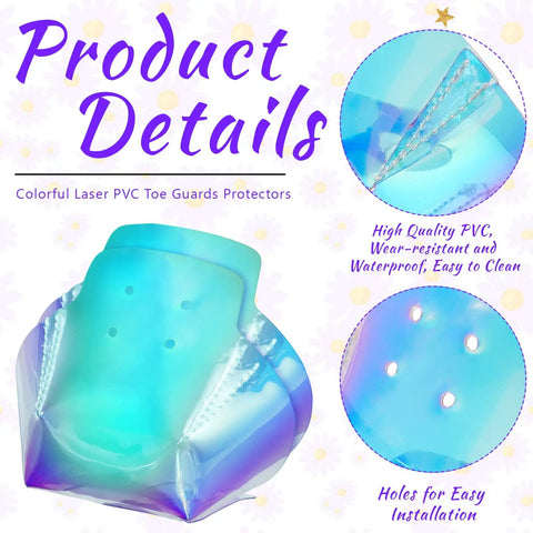 Colorful laser PVC toe guards, high quality, wear-resistant, waterproof with easy install holes, shown in product detail view.