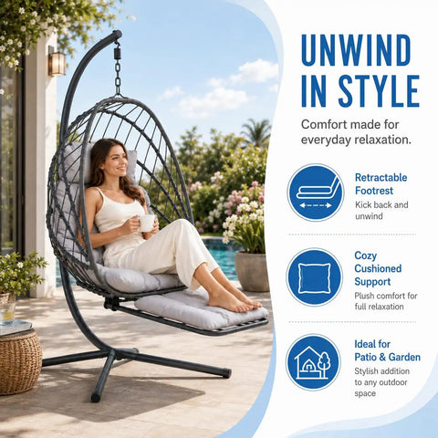 Woman relaxing in Chill Hanging Egg Chair With Stand And Retractable Footrest In Dark Gray Frame Wicker Rattan Swing Chair by pool.