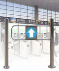 Built Tough Self Closing Swing Gate With Heavy Duty Spring Hinge, Industrial Metal Barricade For Warehouse And Retail Floors, Post Mounted Safety Door, Right Turning 90 Degree Access Point visible in a security checkpoint.