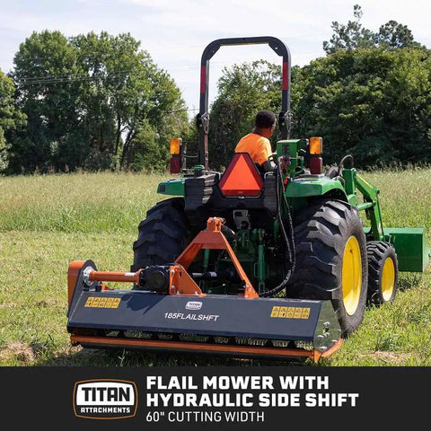 3 Point 60 Inch Flail Mower With Hydraulic Side Shift For Cat 1 Tractors And Loaders, PTO Powered 40-50HP Mowing Attachment With Replaceable Forged Hammer Blades, Built Beefy For Real Tough Underbrush