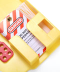 Close-up of Lockout Tagout Station Kit with Padlocks, Hasp, Tags, and Nylon Ties for Safe Lockout Safety Setup OSHA Compliant