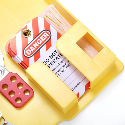 Close-up of Lockout Tagout Station Kit with Padlocks, Hasp, Tags, and Nylon Ties for Safe Lockout Safety Setup OSHA Compliant