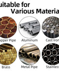 Various metal materials including copper, aluminum, cast iron, brass, pipe, and stainless for 5/8-6 Trapezoidal Thread Tap With Titanium Coated HSS For Metalworking Right Hand 6.3 Inch Length 3.9 Inch Thread Head Built To Last Tough As Nails For Cutting And Repairing Metal Threads