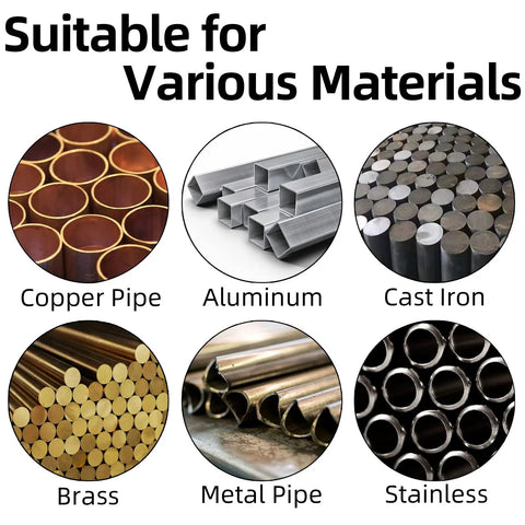 Image showing various materials like copper pipe, aluminum, cast iron, brass, metal pipe, and stainless for M10 X 1.5 HSS Ti-Coated Tap