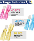 Heat Shrink Spade Connectors Kit 100 Pcs Quick Disconnect Terminals shown in red, blue, and yellow for AWG 22-10.
