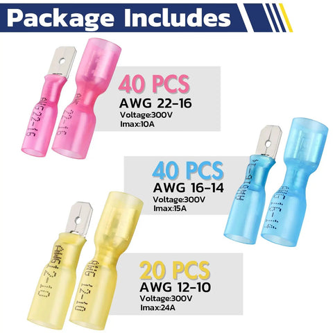 Heat Shrink Spade Connectors Kit 100 Pcs Quick Disconnect Terminals shown in red, blue, and yellow for AWG 22-10.