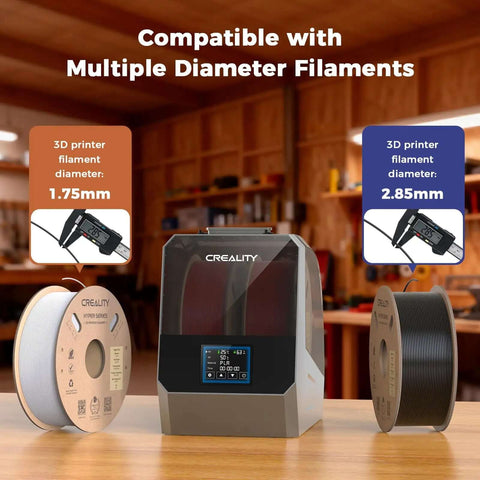 Space Pi Filament Dryer Plus For 3D Printers with two filament spools showcasing compatibility with multiple diameters in a workshop setting