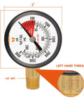 Two Inch Pressure Gauge For CO2 Beer Keg Regulator Left Hand Thread 0 To 3000 Psi Dual Scale Black Steel With Red Zone Alert
