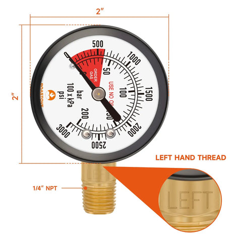 Two Inch Pressure Gauge For CO2 Beer Keg Regulator Left Hand Thread 0 To 3000 Psi Dual Scale Black Steel With Red Zone Alert