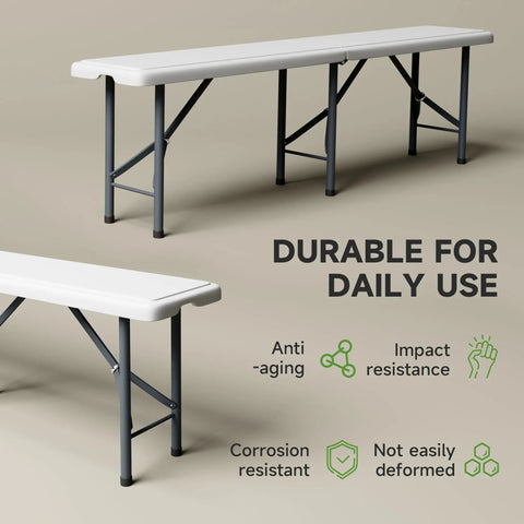 Heavy Duty Folding Bench For Outdoor Use With 770 Pound Capacity Safety Lock Button Wide Carry Handle Portable And Easy Clean Great For Camping Picnics Storage Or Beach Trips White 2 Pack, showing bench and durability features.