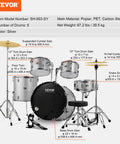 Ultimate 5-Piece Adult Drum Set Full Size Kit With Poplar Shells Warm Sound displayed with silver finish and adjustable throne.