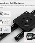 360 Degree Rotating Island Slide Track And Countertop Extension Rail Kit With Lockable Swivel Casters showing aluminum rail hardware details, 4mm thick, rust resistant.