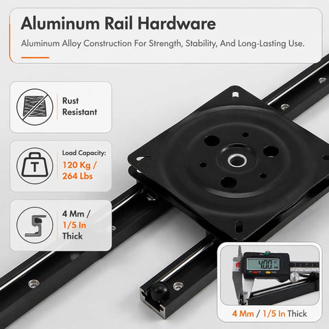 360 Degree Rotating Island Slide Track And Countertop Extension Rail Kit With Lockable Swivel Casters showing aluminum rail hardware details, 4mm thick, rust resistant.