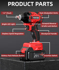 Cordless impact wrench showing product parts in red and black design on display stand.