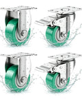 Heavy Duty 3 Inch Stainless Steel Caster Wheels Set Of Four 304 Metal Casters rust proof swivel brakes in water splash.