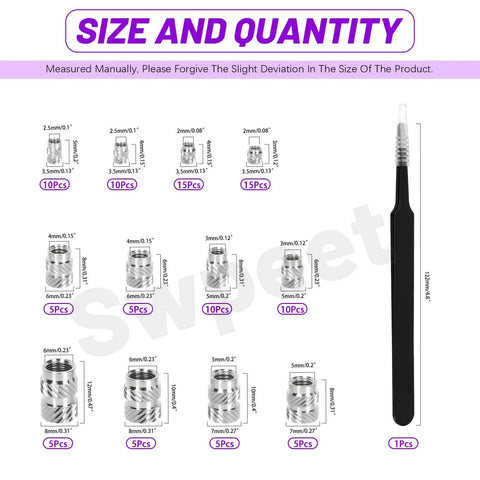 101 Piece Threaded Insert Kit For 3D Printing M2 To M6 In 12 Sizes 303 Stainless Steel Heat Set Inserts displayed by size and quantity.