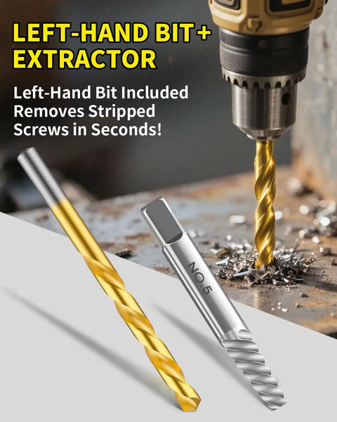 16 Piece Screw Extractor Set With Left Handed Drill Bits For Stripped Damaged Rusted Or Rounded Off Screws And Bolts No Nonsense Easy Out Bolt Remover Kit showcasing a drill and extractor.