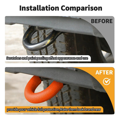 Ford Bronco Rear Bumper Tow Hook Covers 2 Pack Orange Rubber Sleeve Protectors comparison before and after installation