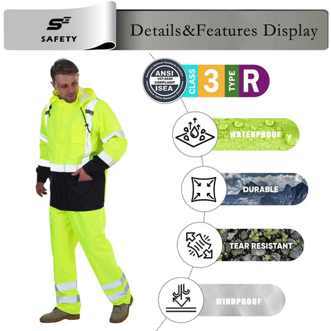 Hi Vis Rain Jacket For Men Waterproof Class 3 High Visibility Rain Gear With Removable Hood And Interior Mesh Liner Black Bottom