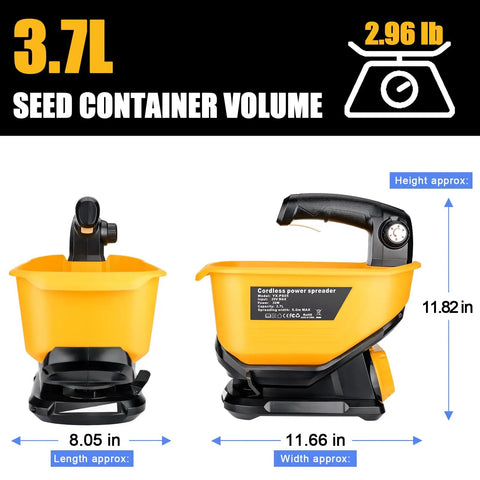 Side and front view of handheld cordless seed and fertilizer power spreader with 3.7L hopper, 20V/60V compatible, lawn care use.