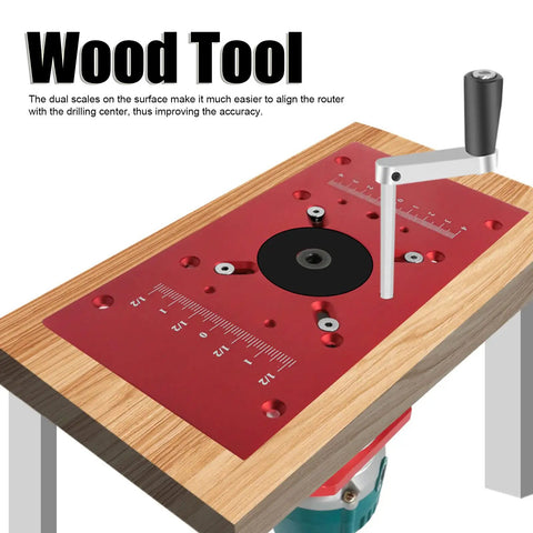 Top Shelf Aluminum Alloy Router Table Insert Plate With Wicked Smooth Lift System And Two Swap Ready Rings For Garage Woodworking Benches Shop Badass Heavy Duty Router Base Board Accessory Sharp Red Finish on wooden bench.